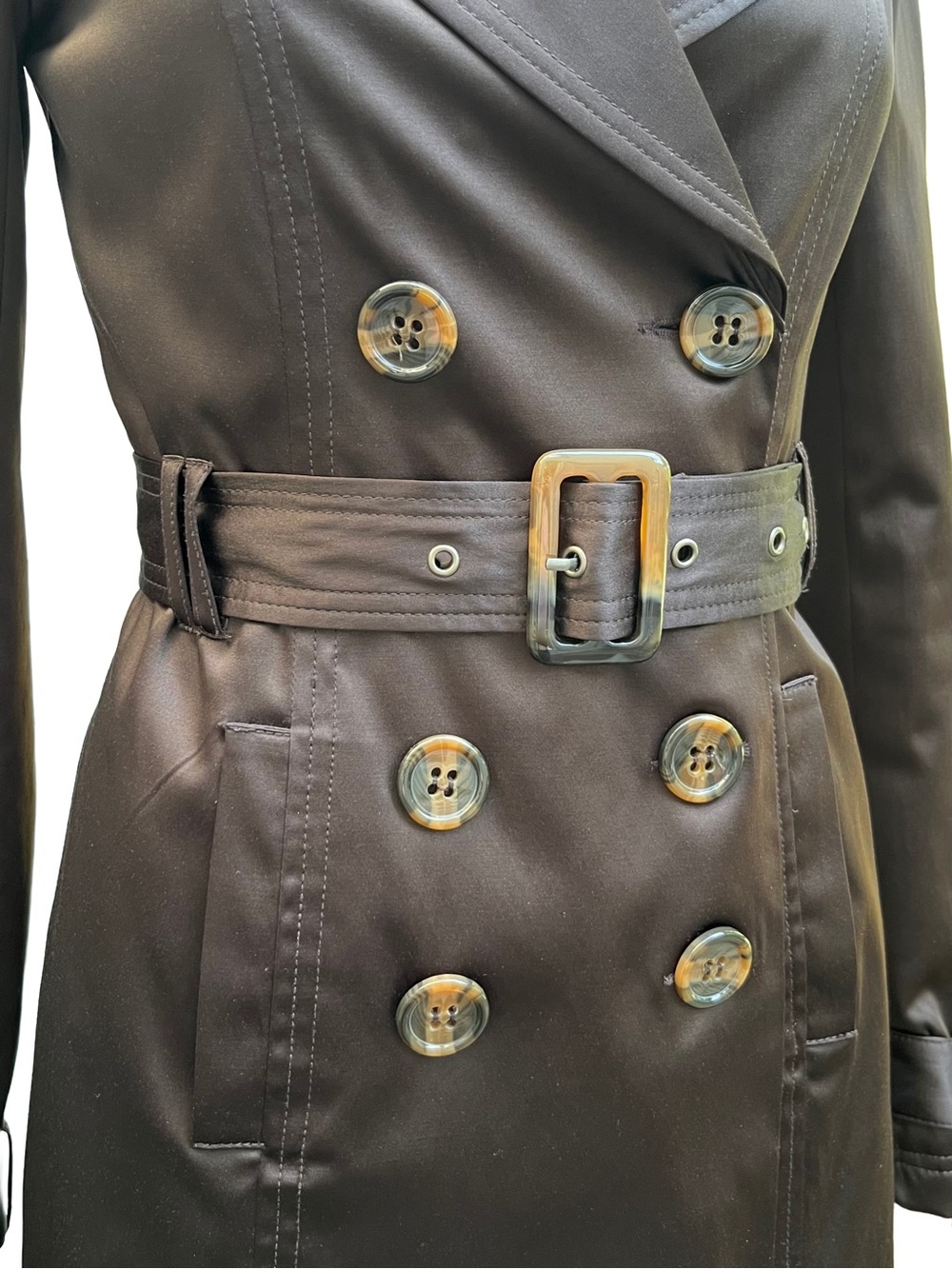 Suzy Chocolate Brown Sateen Belted Trench Coat S - Picture 6 of 11